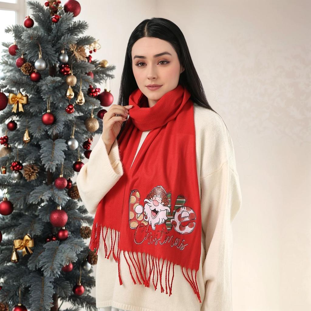 New Winter Cute Elk Christmas Printed Imitation cashmere Tassel Scarf  for Women Fashion Solid Thick Blanket Pashmina Shawl Wrap