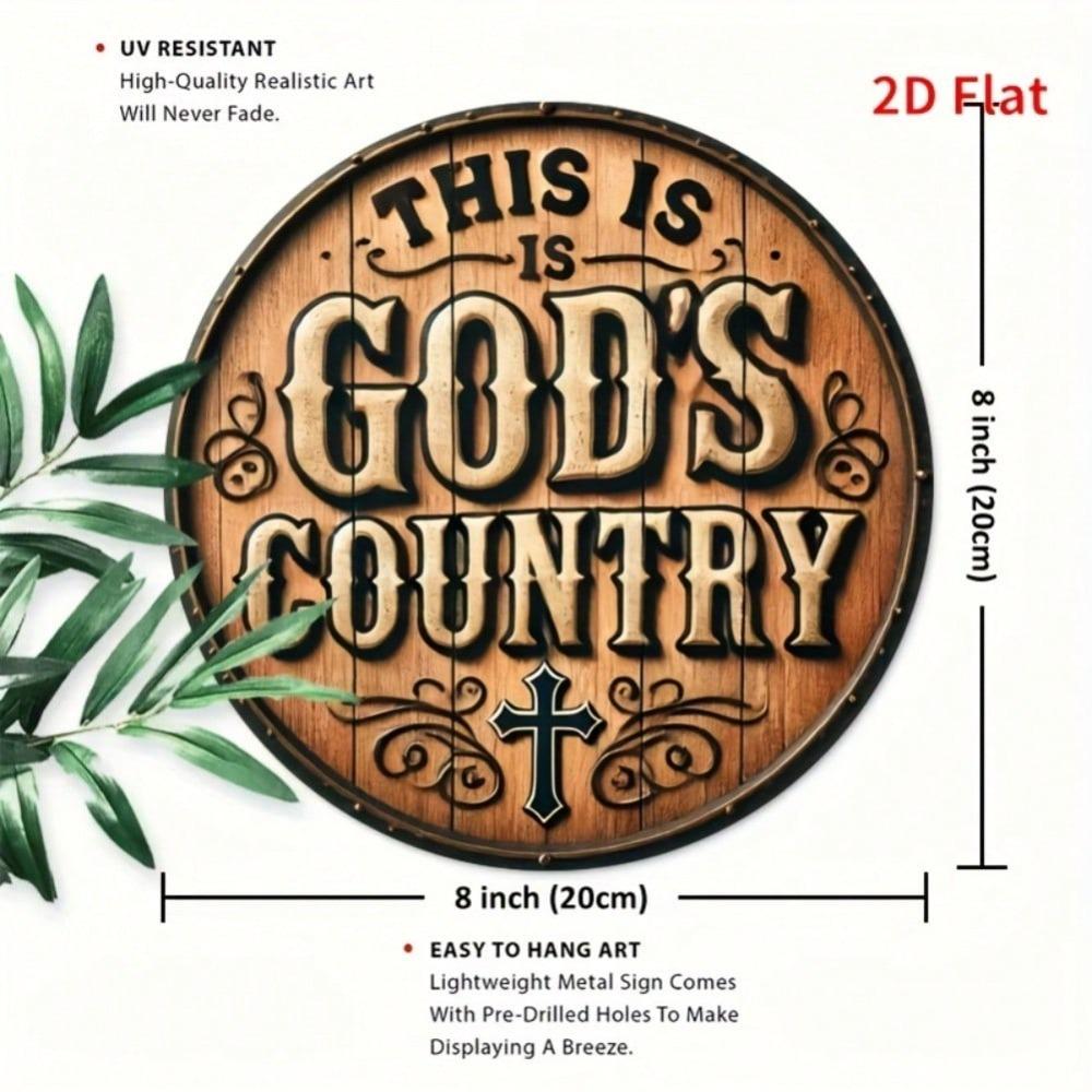 Vintage Metal Wall Art God's Country Round Sign with Cross Leaf Motifs 7.8x7.8 Inch Rustic Indoor Outdoor Decor for Home Cafe Garden
