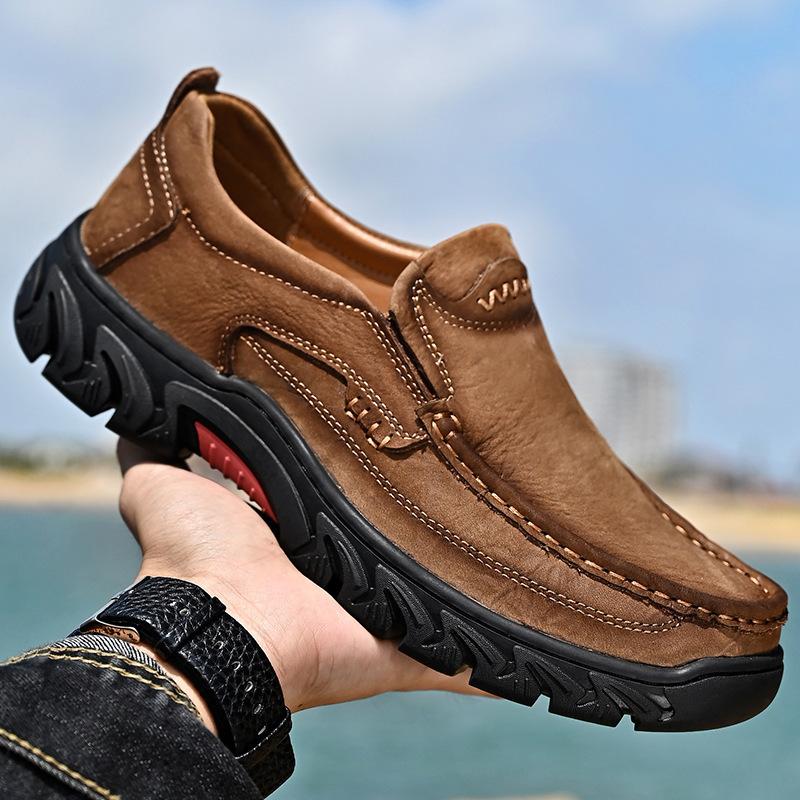 

Высококачественные мужские туфли из коровьей кожи первого слоя, нескользящие, с большой головкой, для отдыха на природе 38 темно-коричневого