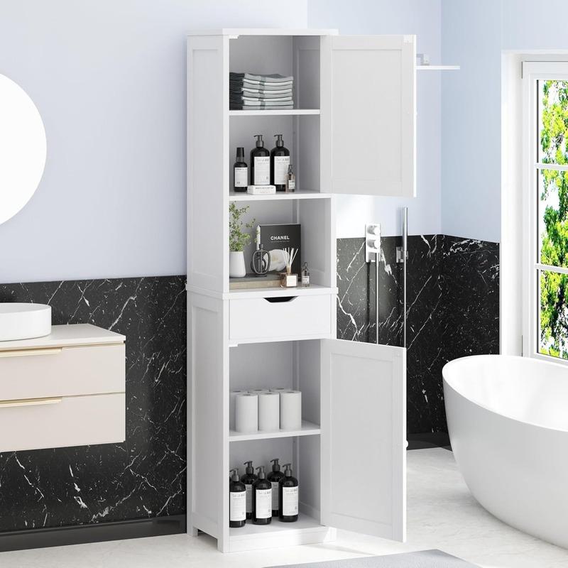Tall Bathroom Storage Cabinet, 64”H Narrow Storage Unit for Small Spaces, Freestanding Modern Cabinet with Adjustable Shelves