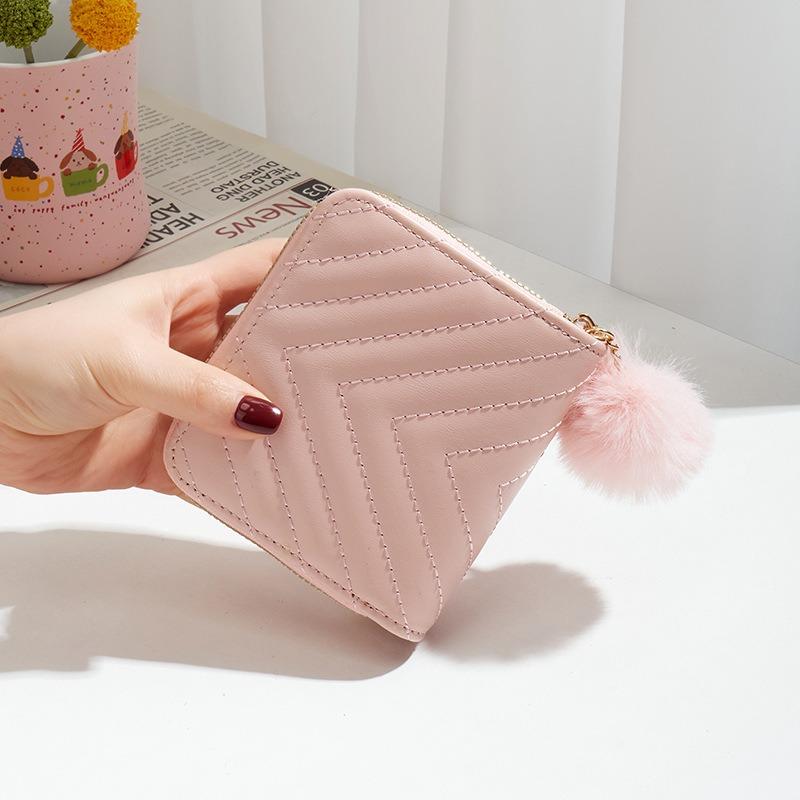 New Double-layer Wallet, Twill Hairball Decoration, Women's Short Hand Change Bag, Casual Bag, One Generation