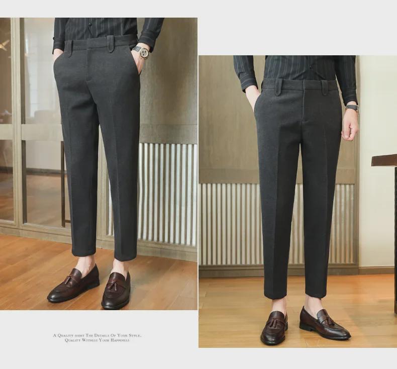 Men's Slim-Fit Woolen Tweed Trousers for Autumn/Winter - Casual Nine-Point Suit Pants
