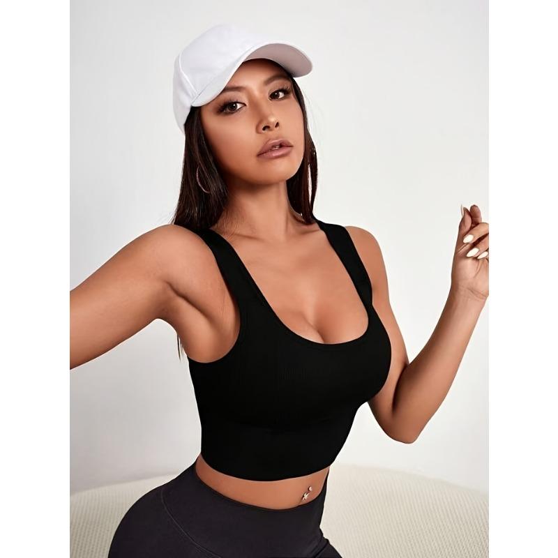 Ribbed U Neck Crop Tank Top Sleeveless Casual Sports Cami Top