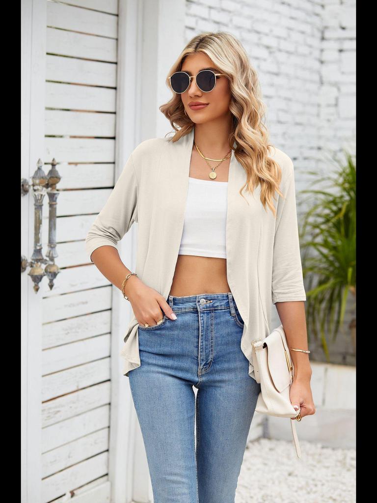 2023 Sommer Damen Einfarbige Strickjacke mit gerüschten Dreiviertelärmeln