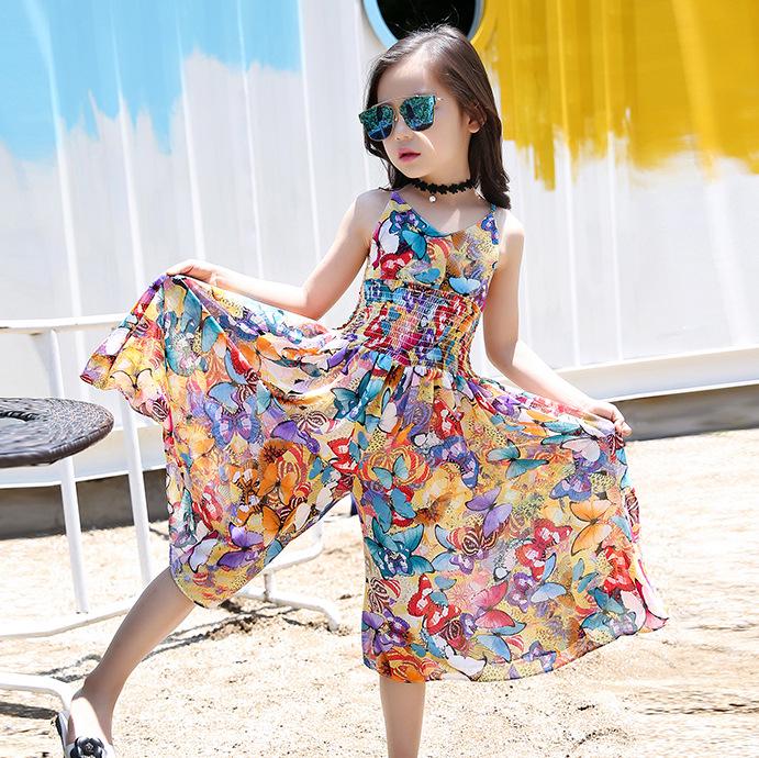 Girls' Suspender Skirt, Summer Clothes, Cotton, Western Style, Children, Big Children, Floral Wide-leg One-piece Dress