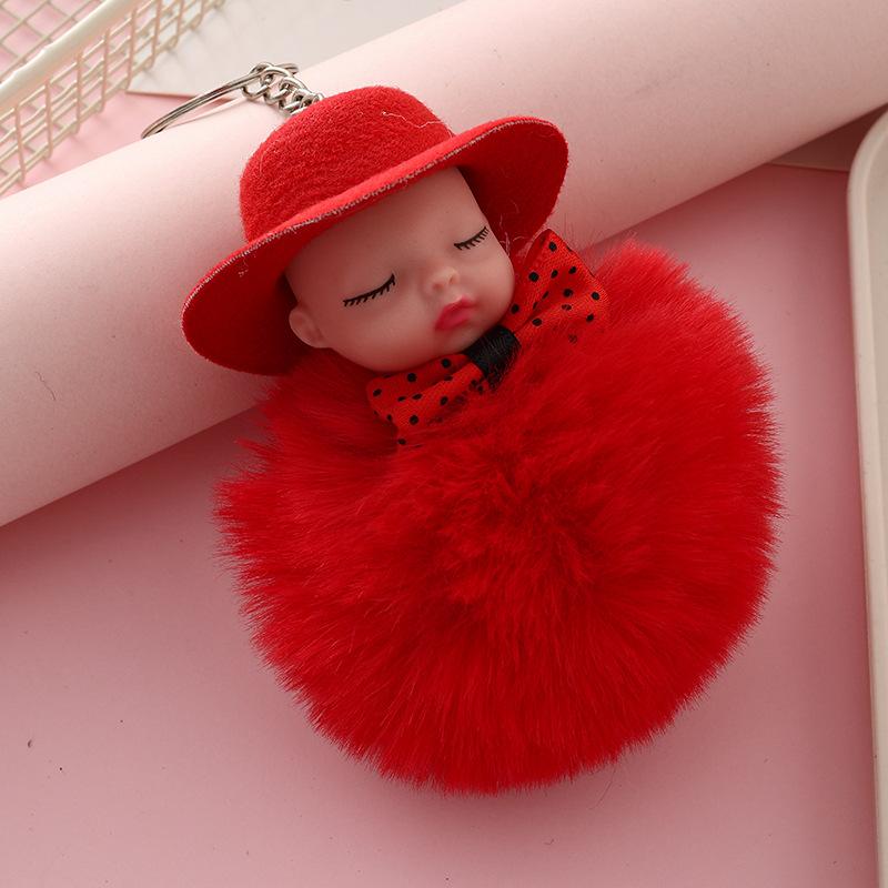 Sleeping Doll Keychain with Hat & Bow, Plush Fur Ball Ornament