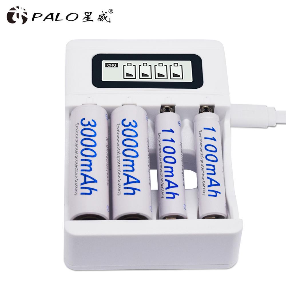 PALO 4-12pcs AAA 3A rechargeable battery ni-mh 1.2V 1100mAh + 4 slots USB smart fast charger for AA AAA battries
