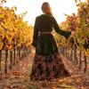 Women's Bohemian Vintage Ruffle Sleeve Velvet Panel Printed Dress for Casual Party Wear