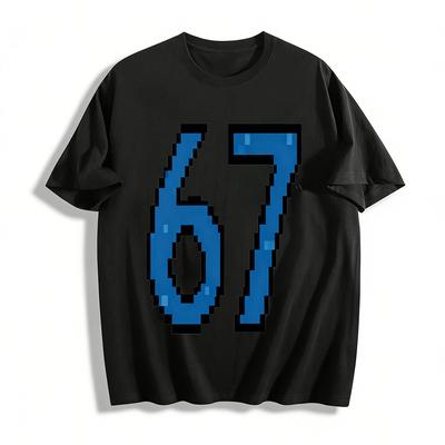 Vintage Pixel Style Number 67 Print Casual Short Sleeve T-Shirt Pure Cotton T-shirt