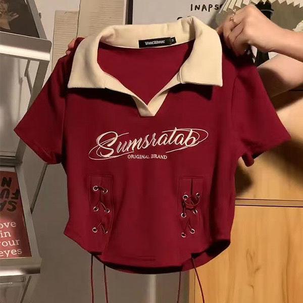 Women Short Sleeves T-shirts Girls Y2K Tops Printed String Street Wear Fashion Lady Club Party Wear Tees For Female