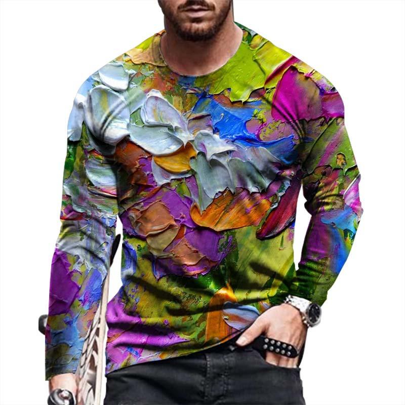 Casual Rose 3D Digital Printing Men'S Casual Fashion Long Sleeve Crew Neck T-Shirt