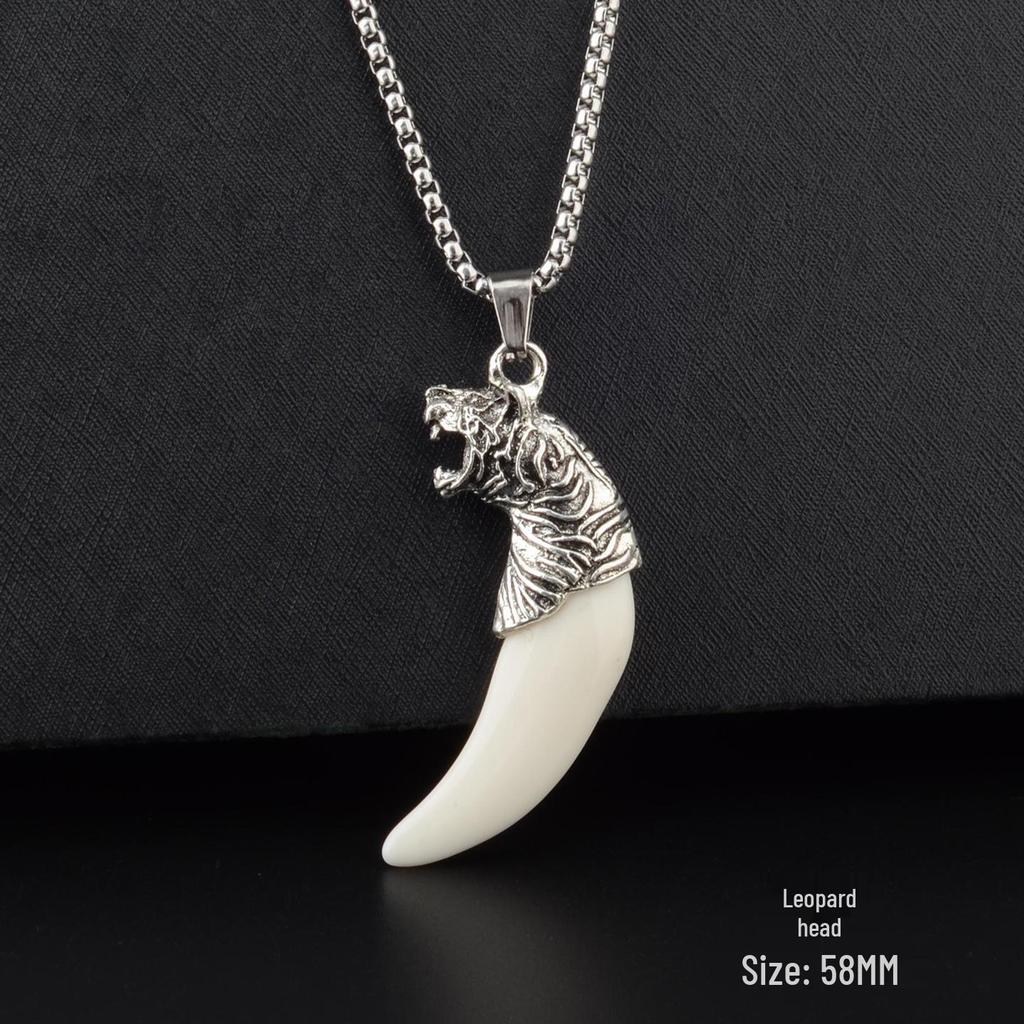 Men's Tibetan Faux Wolf Tooth Pendant Necklace, Titanium Steel Chain, Nepalese Style