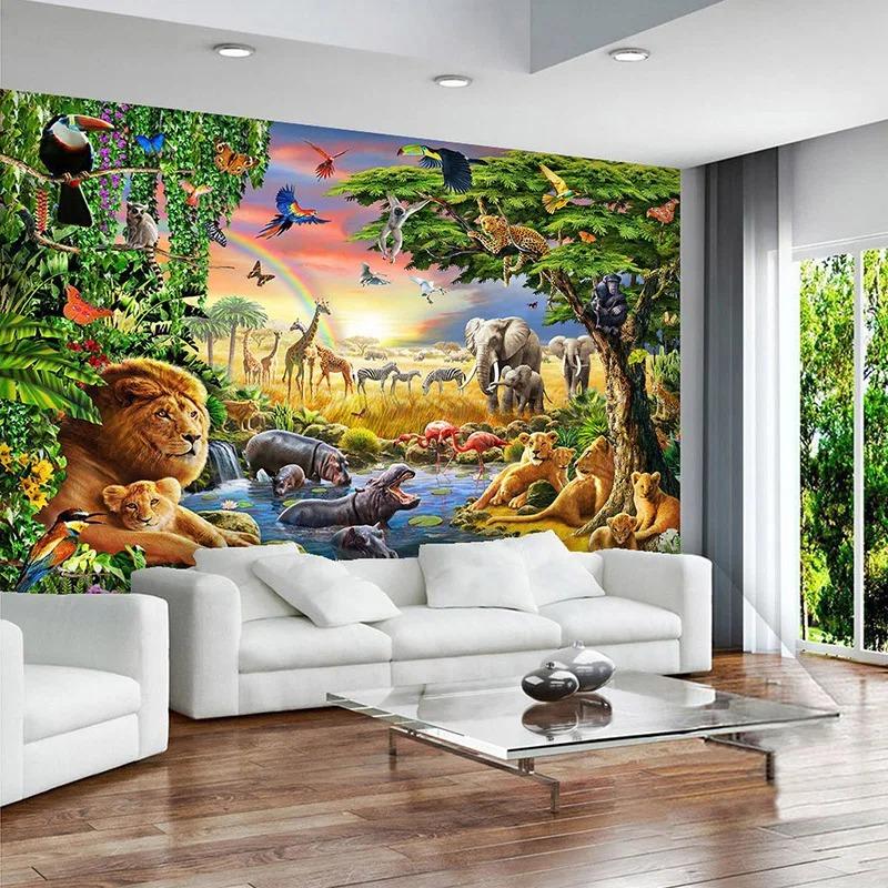 Rainbow Sky Forest 3d Wallpaper Animal Elephant Lion Mural Living Room Bedroom Wall Murals Home Decor
