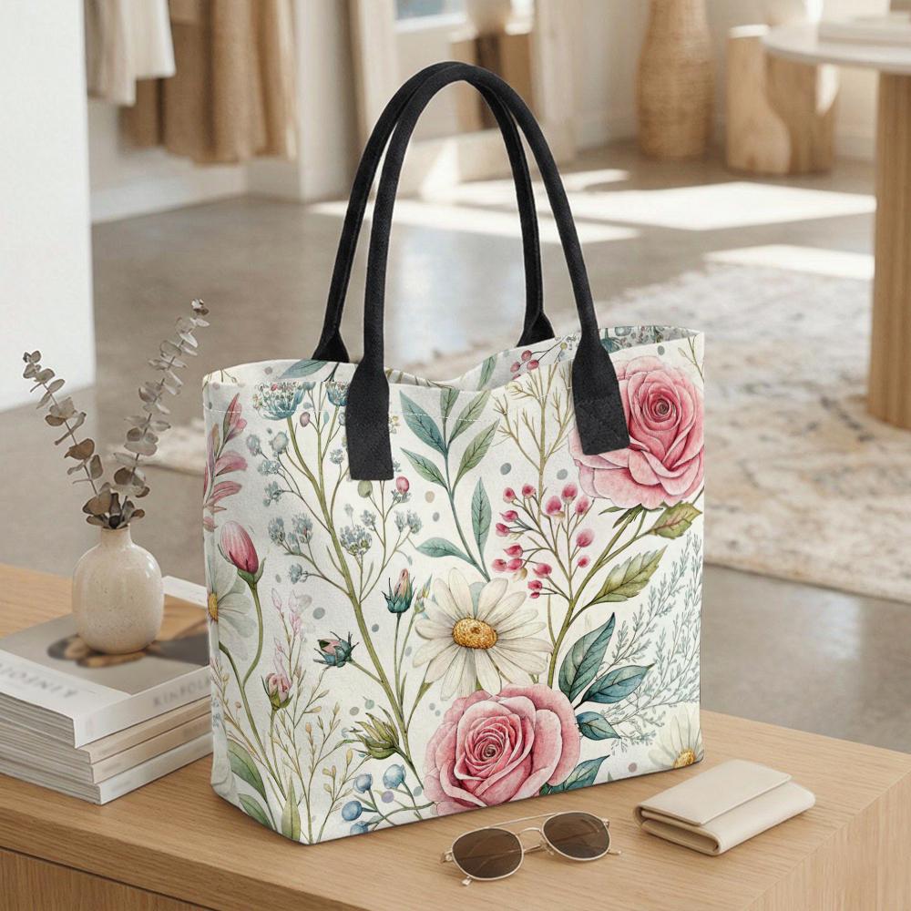  Floral Print Tote Bag Casual Large Capacity Shoulder Handbag for Daily Use
