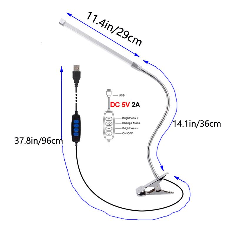 

80 светодиодов Книжный светильник с клипсой Питание от USB 3 температуры цвета Диммируемый Гибкий гусиная шея 360° Защита глаз Портативный для чтения Офис USB Plug