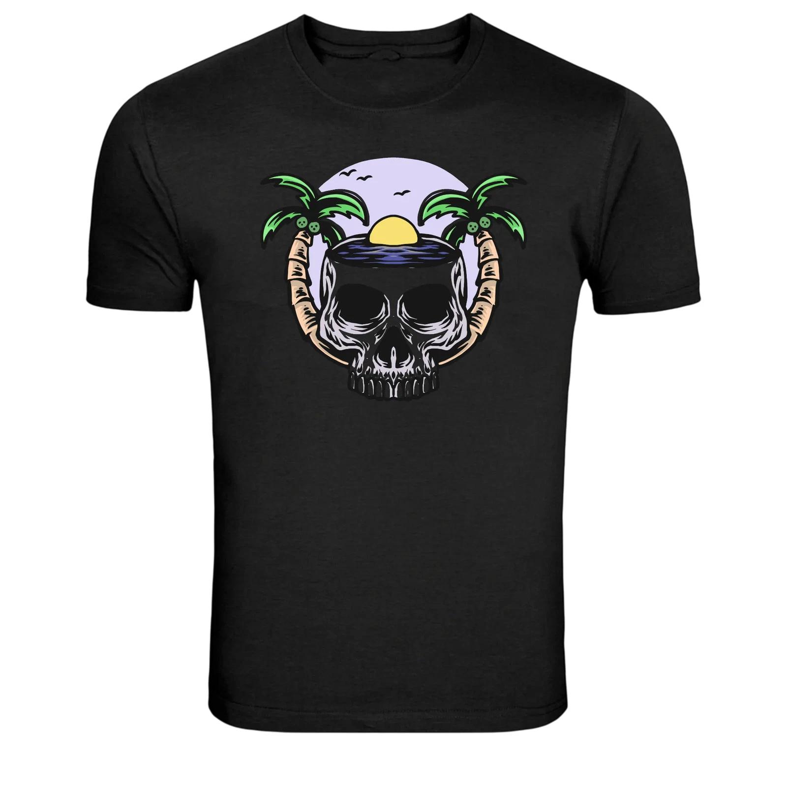 Tropical Skull Palm Trees Sunset Graphic T-Shirt M