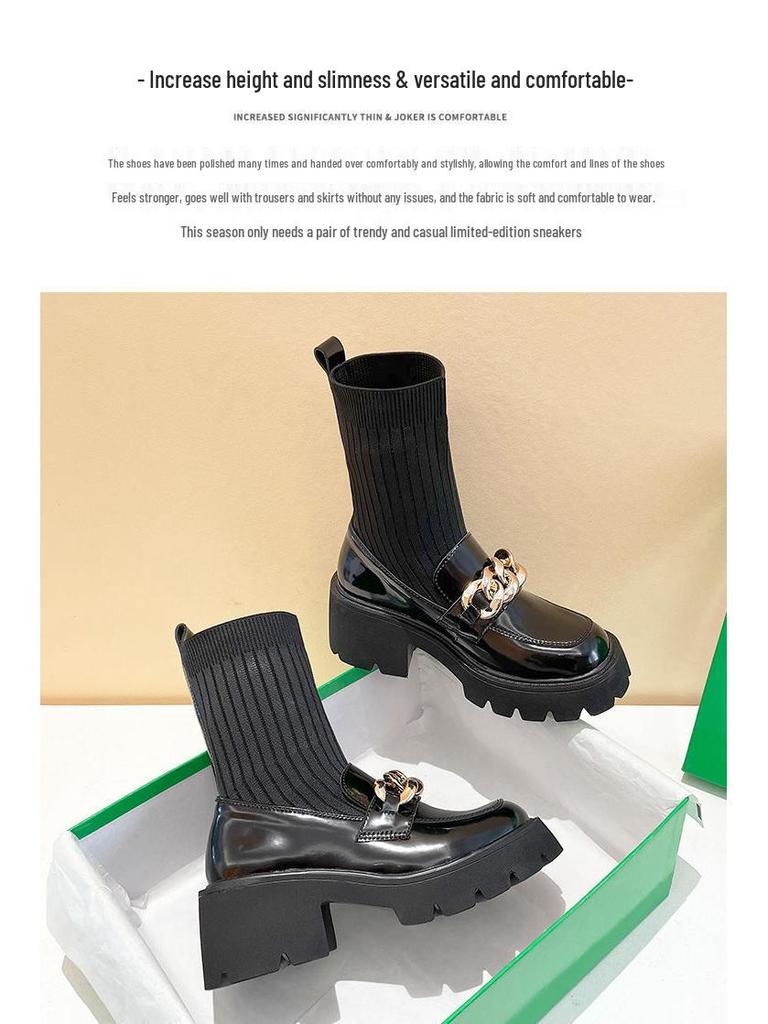 Women's Spring 2025 Chunky Heel Ankle Boots - British Style, Elastic Slimming, Hidden Heel, Sock Boot Design, Suitable for Autumn.