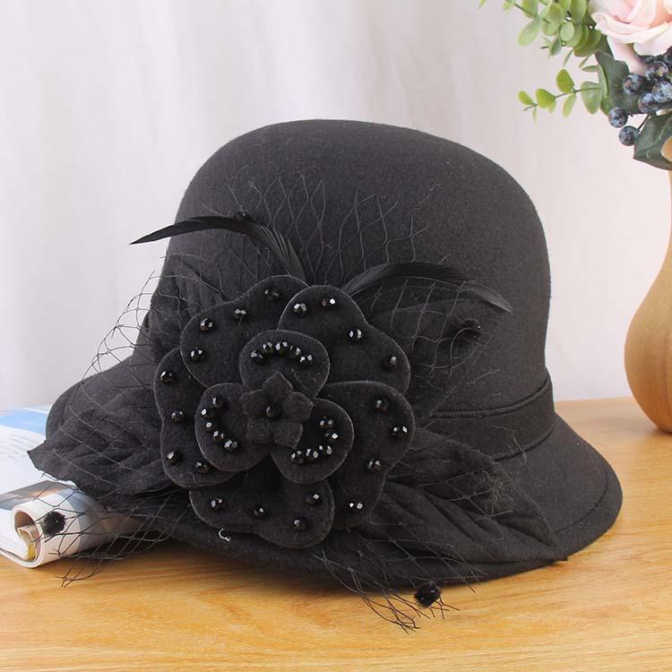 New Hat Ladies Korean Version Bowler Hat Handmade Beaded Woolen Woolen Pot Hat Autumn And Winter Warm Bucket Hat