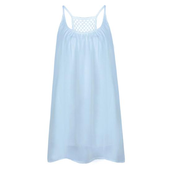 Women Summer Solid Color Sleeveless Grids Backless Large Hem Sling Mini Dress