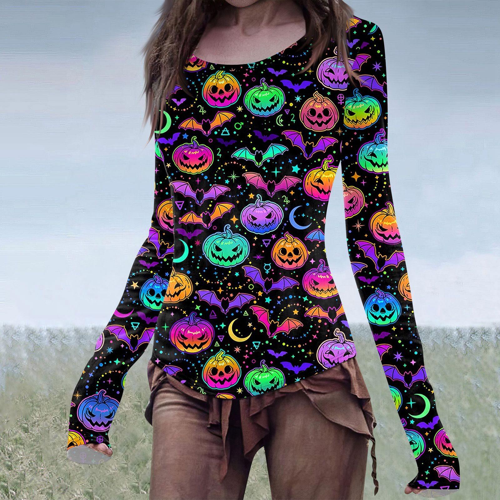 

Женская мода повседневная футболка Mori Slim с длинным рукавом и круглым вырезом на Хэллоуин M