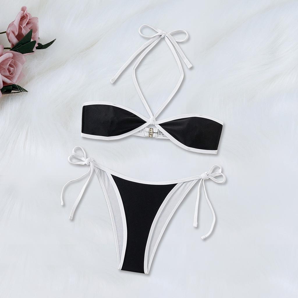 Dams Bikini Set med Kontrastkant och Halterneck Svart Vit V-ringad Triangeltopp Snörning i Sidan Sexig Enfärgad Sommar Strand Badkläder