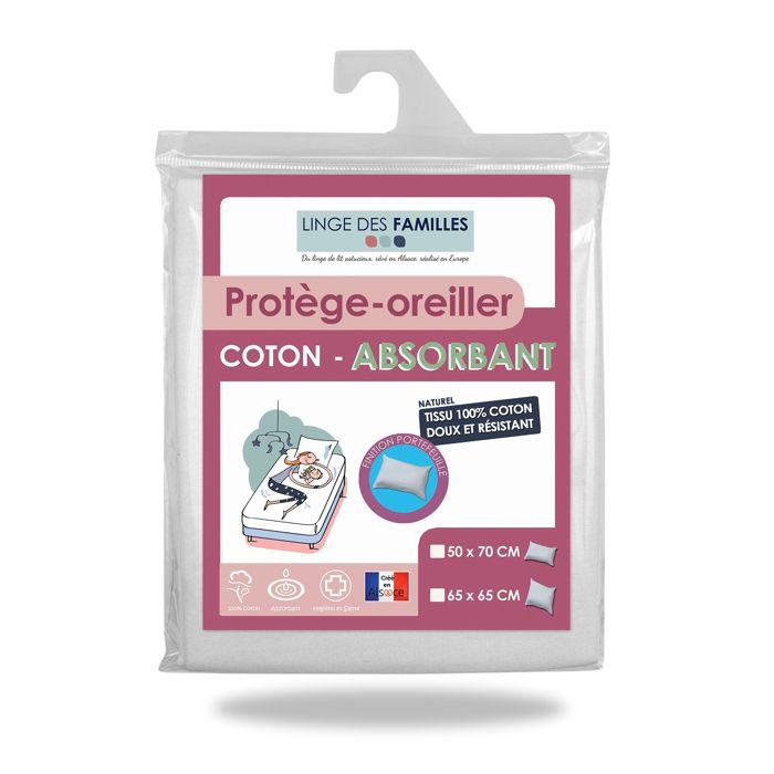 Protège Oreiller 50x70 cm - Doux et Absorbant - Molleton 100% Coton - Forme Housse à Rabat - Fabriqué en Europe - Linge des Familles