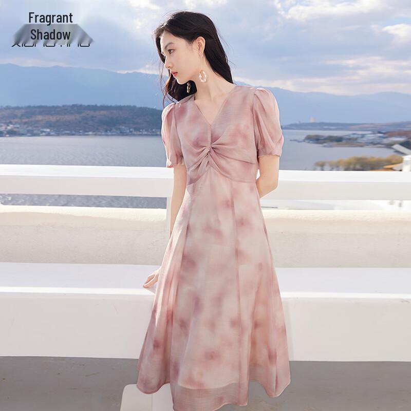 Xiangying Women s Gradient Pink V-Neck Dress S
