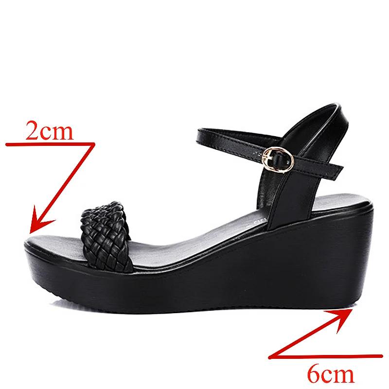 6cm Small Size 32-43 Comfortable Knit Leather Sandals Women's Platform Shoes 2025 Summer Med Heels Wedges Sandals for Office Mom
