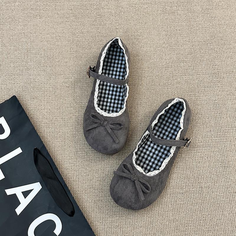 Fashion retro gentle bow Mary Jane single shoes women's 2025 summer new one-word buckle lace ballet shoes