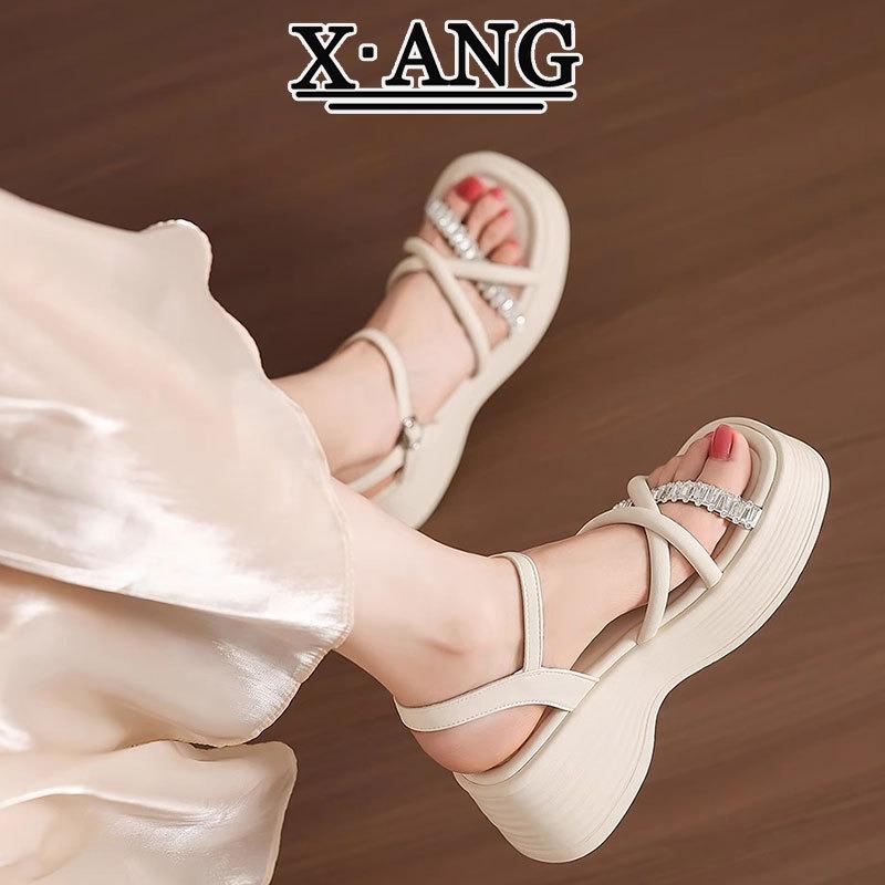 Small thick-soled heightened leather wedge sandals women's summer skirt rhinestone open-toed shoes