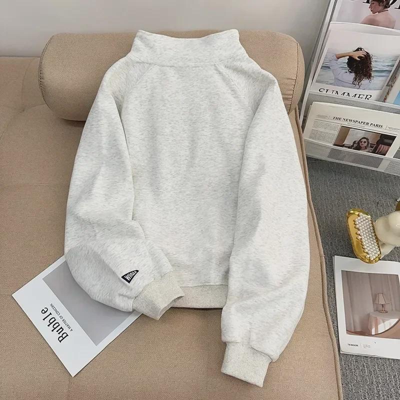 Women's American Retro Embroidered Half-Zip Stand Collar Sweater with Plus Velvet – Thick, Long Sleeve Pullover for Autumn and Winter.