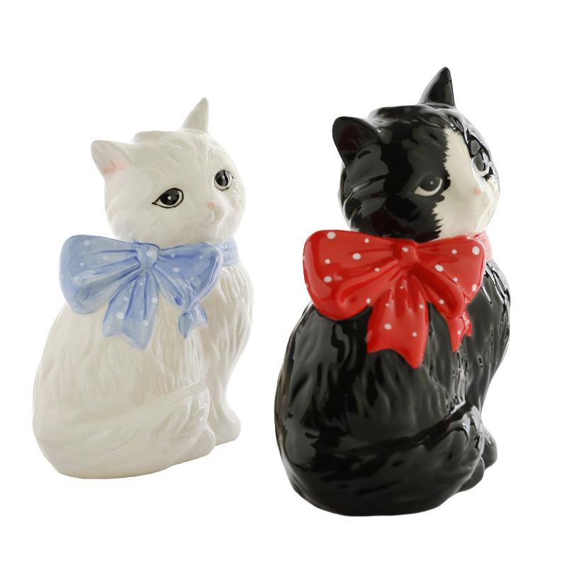 1PC Decoration Cat Lover Gifts Ceramic Vase Hand-Drawn Polka Dot Bow Tie Cute Small Diameter Aesthetic Cat Shape Artistic 20x14cm