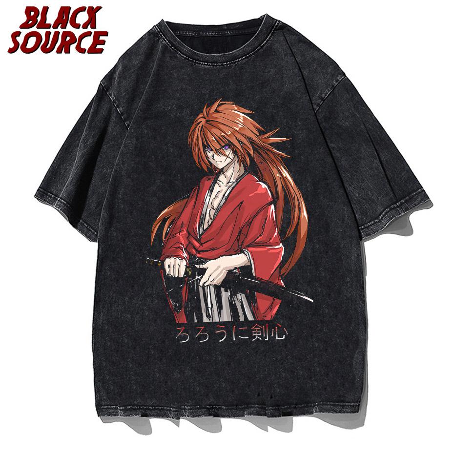 Hip Hop Streetwear Washed T-Shirt Men Japan Anime Graphic Print TShirt Harajuku Cotton Casual Summer Short Sleeve Vintage Tees S