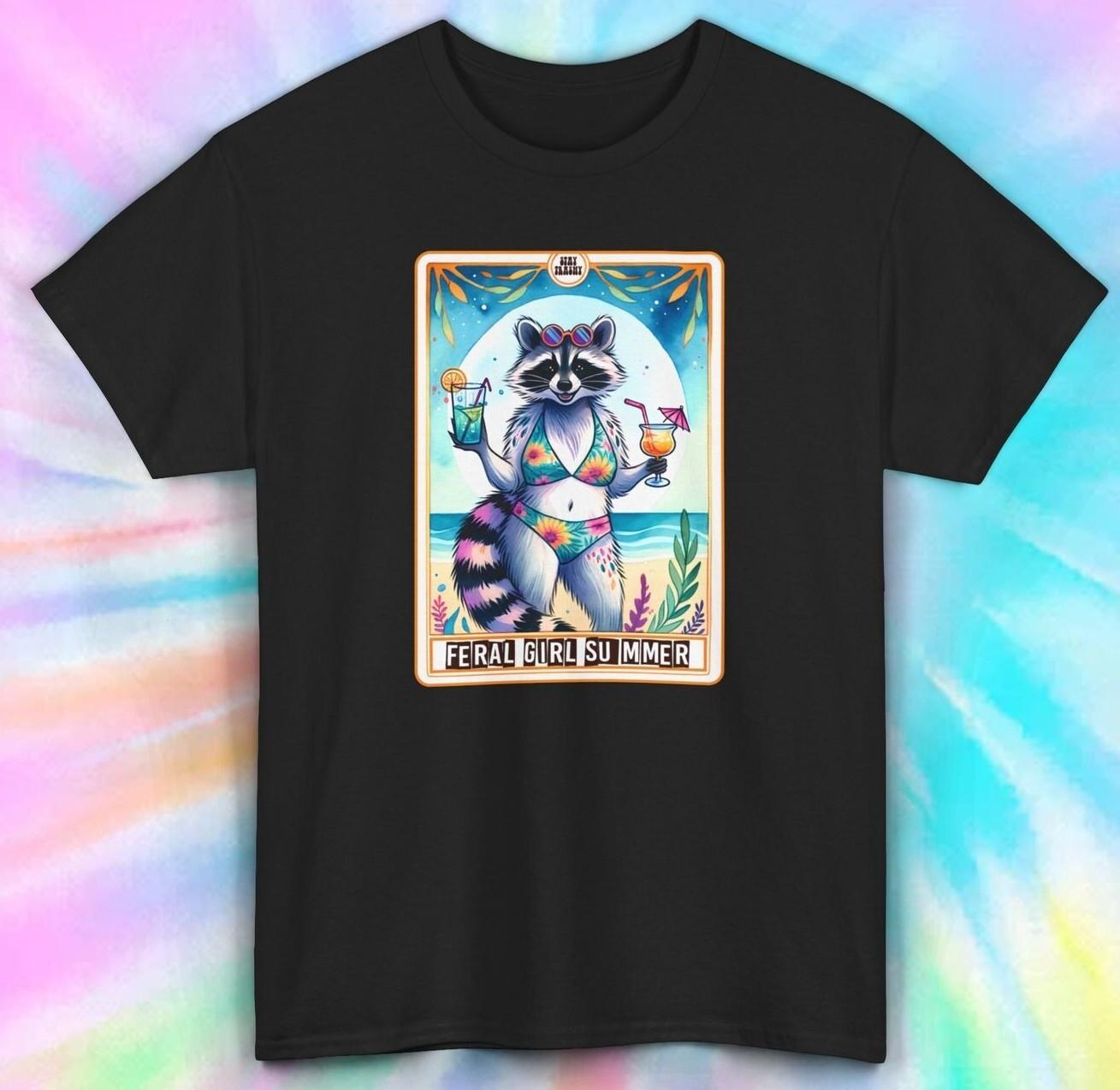 Feral Girl Summer T-Shirt Mens Womens Tees Top | Funny Raccoon Beach Tee | Summer Vacation Shirt 3XL