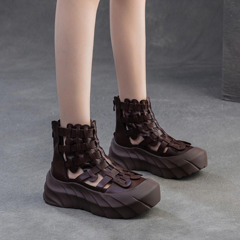 Johnature Cizme de vară țesute manual și respirabile, din piele naturală, retro, confortabile, cu talpă groasă, pantofi de damă