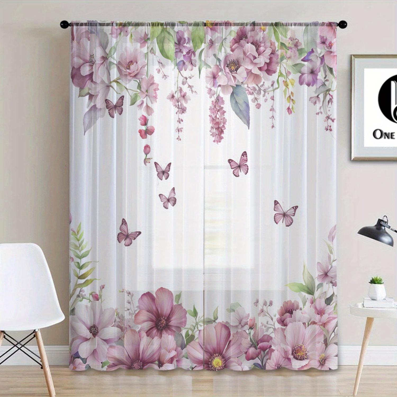 

Set Of 2 Elegant Pink Floral Butterfly Curtains Home Decor Kitchen Cafe Living Room Dining Balcony Bedroom Curtain For Sitting Made Polyester W100*H70(CM)-Grommet top&2PCS