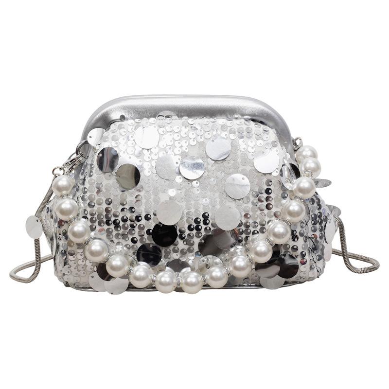 Ladies' Handbag, Women's Light Luxury Socialite Style Dinner Bag, Sequin Clip on Pearl Chain Handbag, Lace Flower Wedding Bag