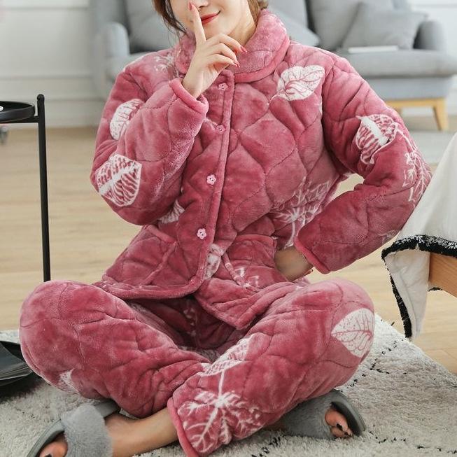 Süße warme wattierte Baumwolle kann draußen getragen werden dreilagiger Pyjama Damen Winter Loungewear verdickt saisonal große Größe