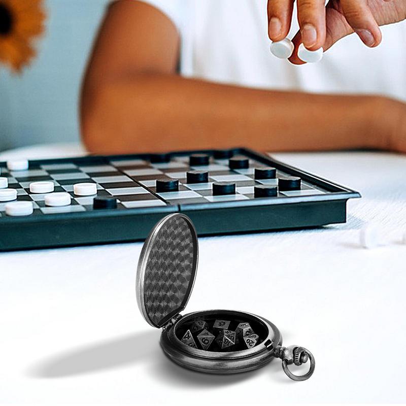 Metal Polyhedral Dice Set Metal Dice With Pocket Watch Shell Portable Vintage Steampunk Exquisite Dice For Games Lovers Math