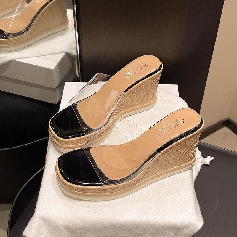 One Word with Transparent Outer High Heel Waterproof Table Thick Heel Cool Slippers 2025 New Women's Summer Outer Wear