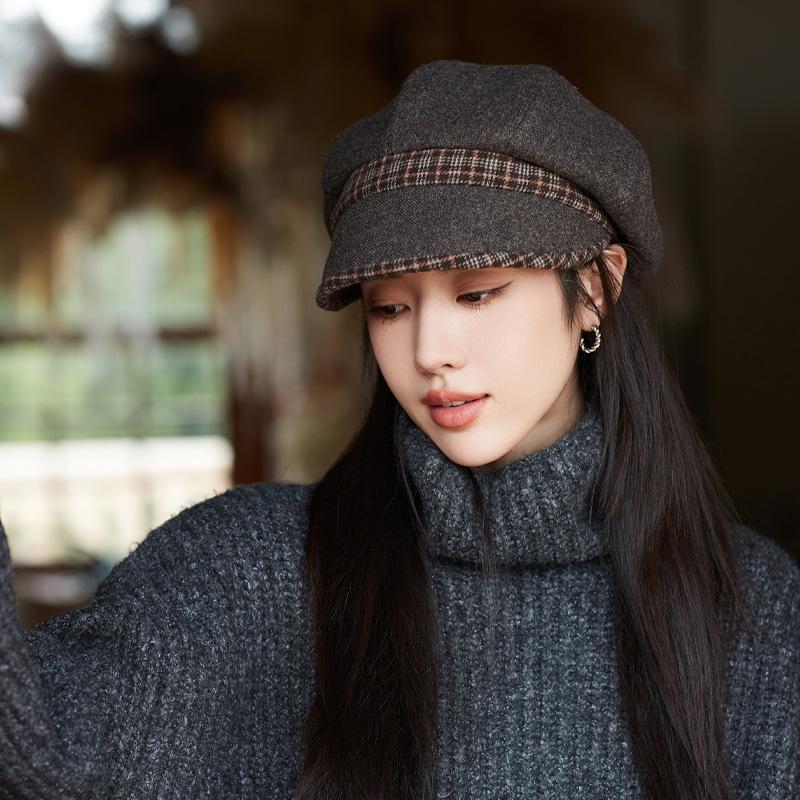 New Fashion Hat Women's Autumn and Winter Fashion Casual Versatile Octagonal Hat Retro Temperament Newsboy Hat Woolen Beret