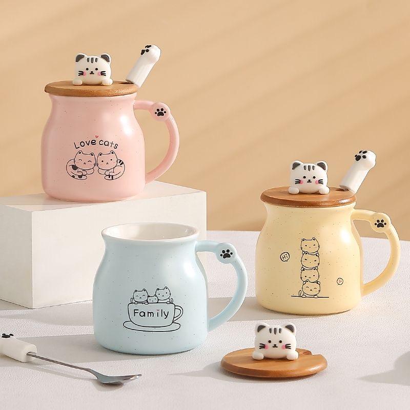 Cute Cartoon Cat Ceramic Mug with Lid and Spoon – Breakfast Coffee Cup