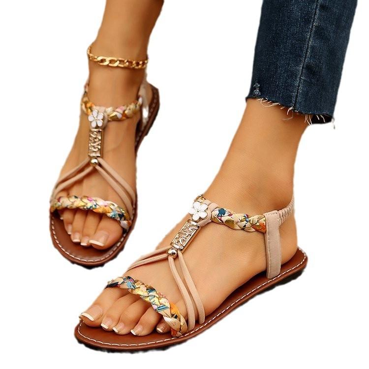 Large size bohemian beach round head flat bottom one-word sandals summer new women's shoes