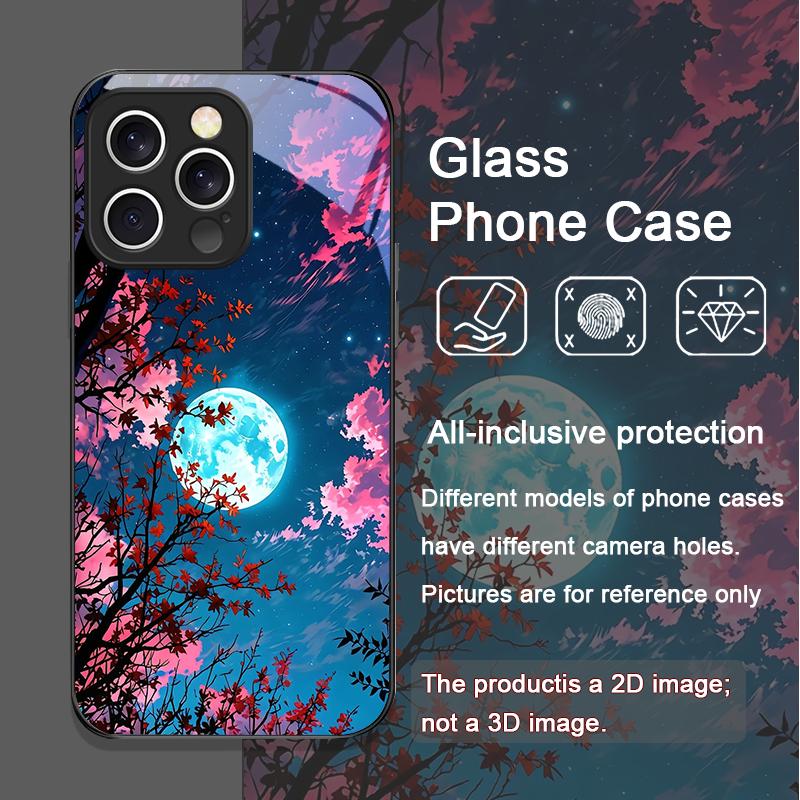 Moon Cherry Blossom Pattern Scenery Tempered Glass Phone Case for iPhone 17 16 Pro Max 15 14 13 12 11 Mini XS XR 7 8 Plus Cover