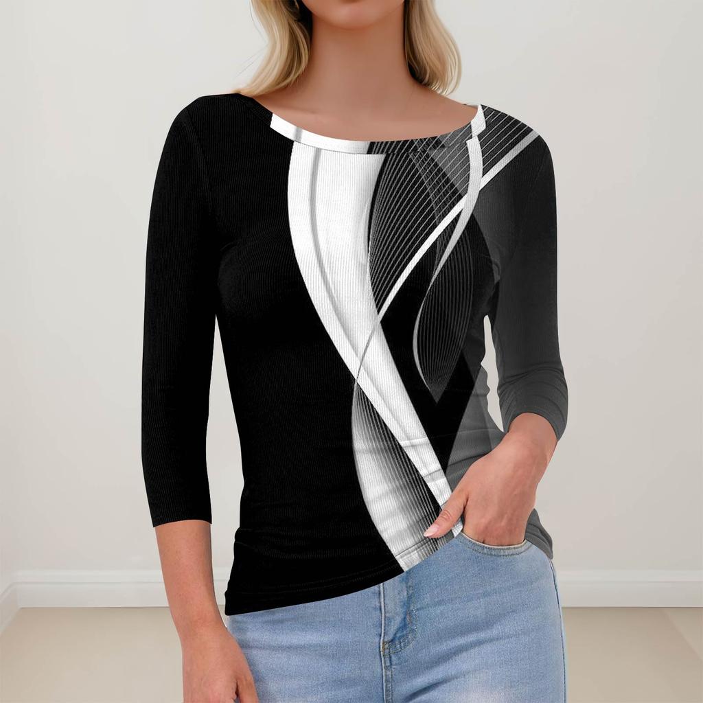 Women's Slim Bottom T-shirt Fashion Casual Printed Round Neck Pullover Seven Sleeve Top