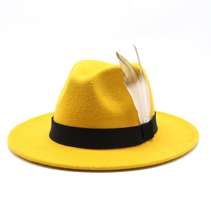 Trendy Wide-Brimmed Hat Woolen Top Hat Versatile Feather Flat Edge Jazz Hat British Style