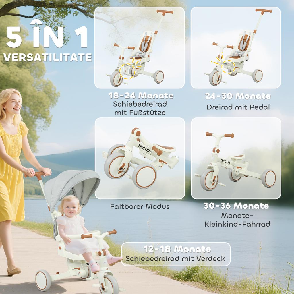 Children's Tricycle, Convertible Baby Buggy, 5-in-1, Push Handle, 1-3 Years, Cream White