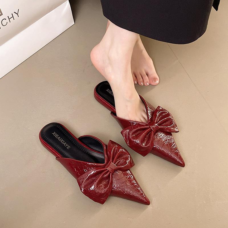 Baotou Half Slippers Women's Outer Wear 2025 Summer New Bow Fashion Silver Sandals Pointed Cat Heel Sandals Women