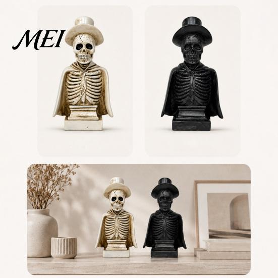 Halloween Tabletop Decoration for Party Gothic Skull Sculpture with Top Hat And Cape, Spooky Resin Prop Display Skeleton Figurine LED Light Home Decor