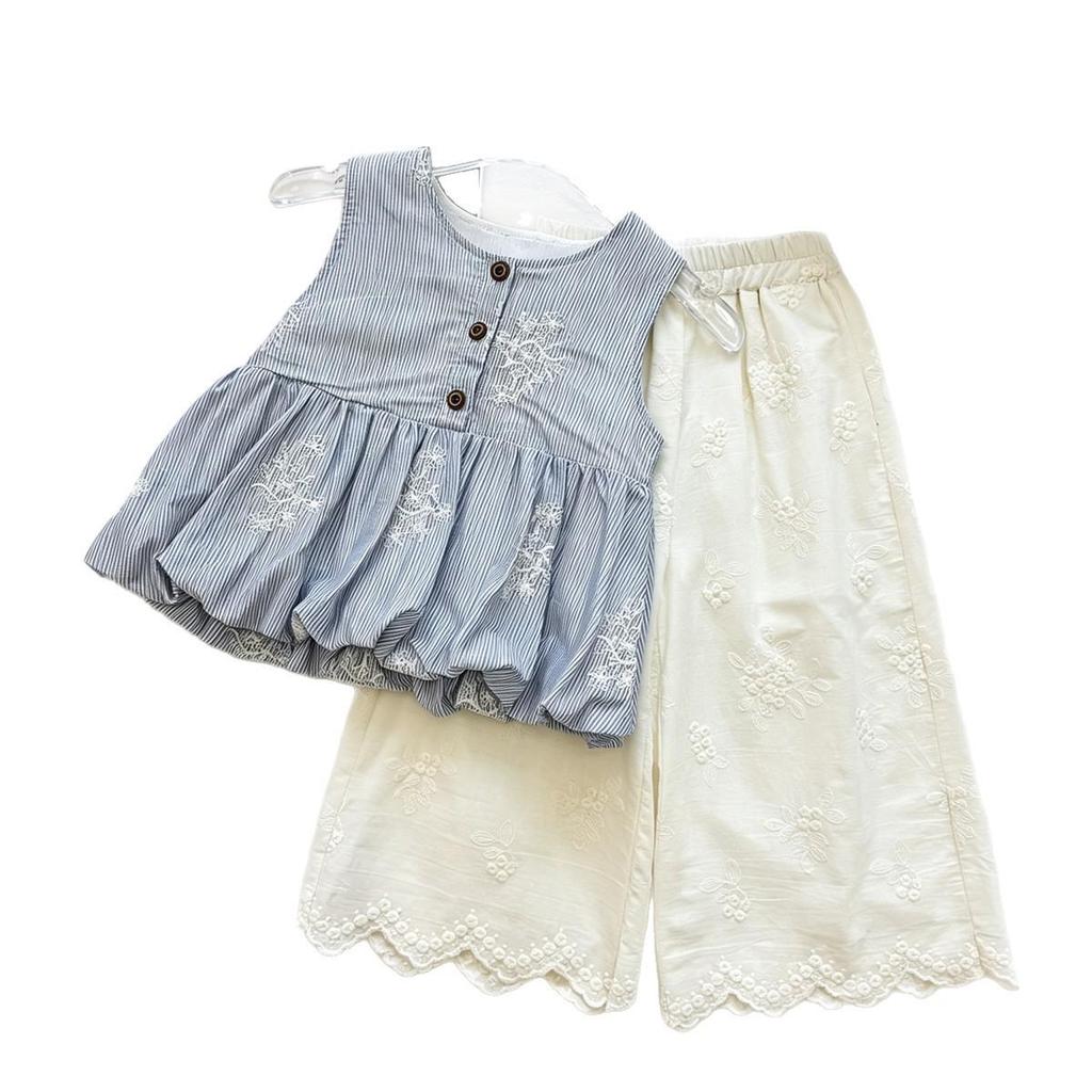 Girls' Striped Sleeveless Top & Wide-Leg Pants Set - Summer 2026 Trendy Two-Piece.